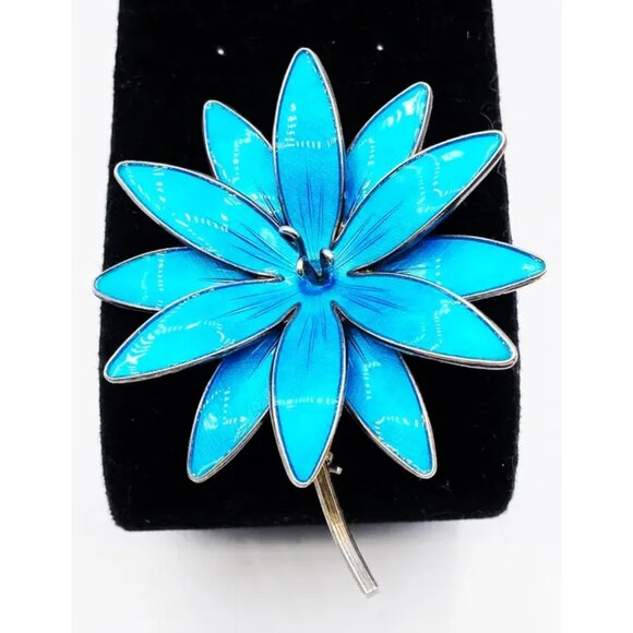 Rare Vtg HROAR PRYDZ Norway Blue Enamel Sterling Silver Flower Brooch Pendant - Picture 1 of 8